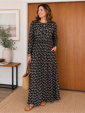Boden Black & Boho Multicolor Printed Long Sleeve Maxi Dress